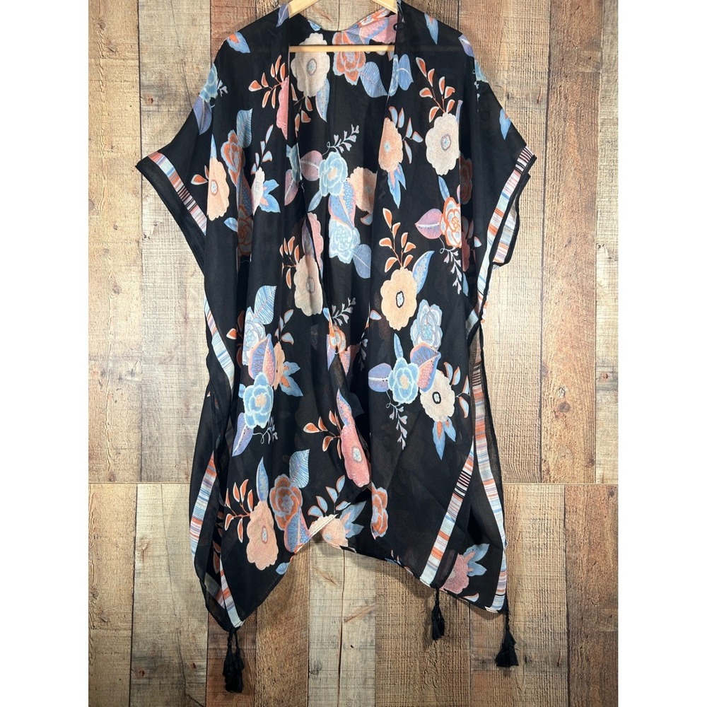 Boho Floral Kimono Cardigan One Size Black Sheer Tassel Cover Up Layering